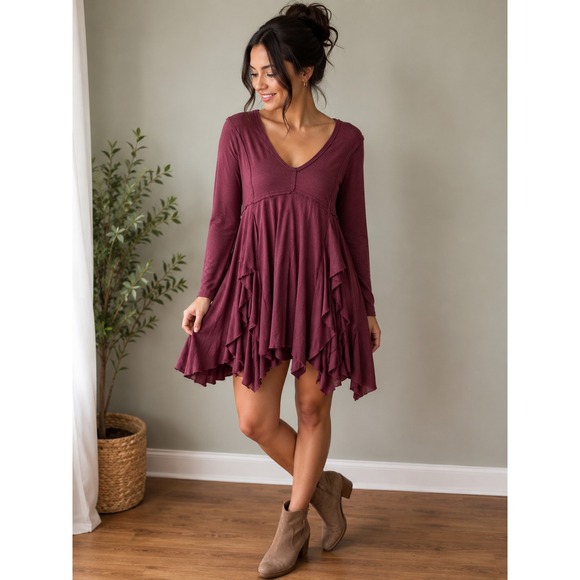 Free People Beach Tops - Free People Beach Womens Small Ruffle Tunic Top Long Sleeve Berry Wine V-Neck